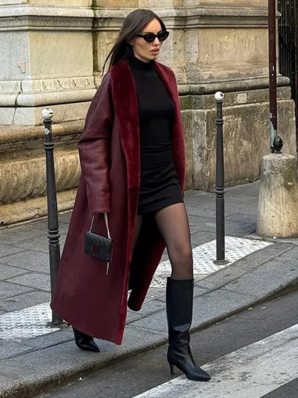 Burgundy Reversible Warm Faux Fur Leather Long Coat Elegant Women Belted Lapel Full Sleeve Overcoat 2024 Lady Thick Streetwear ﻿