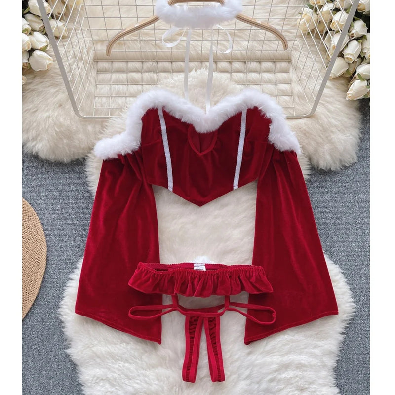 Winter Patchwork Christmas Hotsweet Women's Short Dress Sexy Bodycone Plush Red Dress Cross Strap Halter Neck Erotic Mini Dress