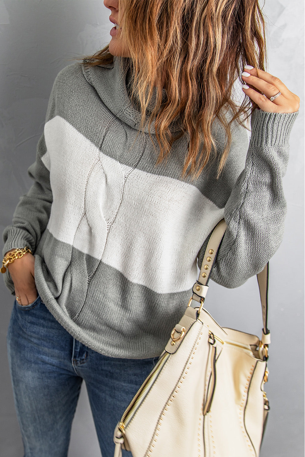 Khaki Colorblock Turtleneck Loose Knitted Sweater