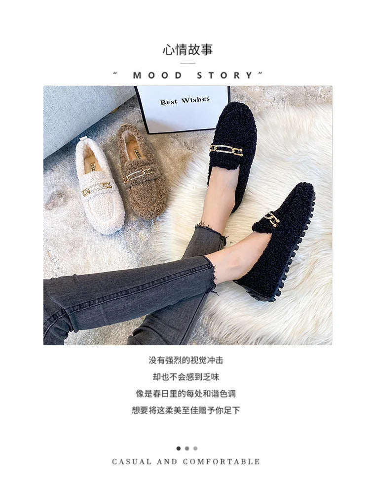 Luxury Sheep Fur Lined Loafers Women Lambswool Shoes Ladies Winter Slip On Furry Flats Cotton Wool Mocasine Femme Barefoot Boots