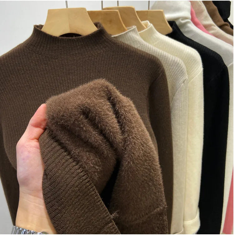 Turtleneck Winter Sweater Women Elegant Thicken Velvet Lined Warm Sueter Knitted Pullover Slim Tops Jersey Knitwear Jumper New