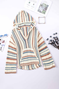 Black Striped Knit Kangaroo Pocket Hooded Sweater