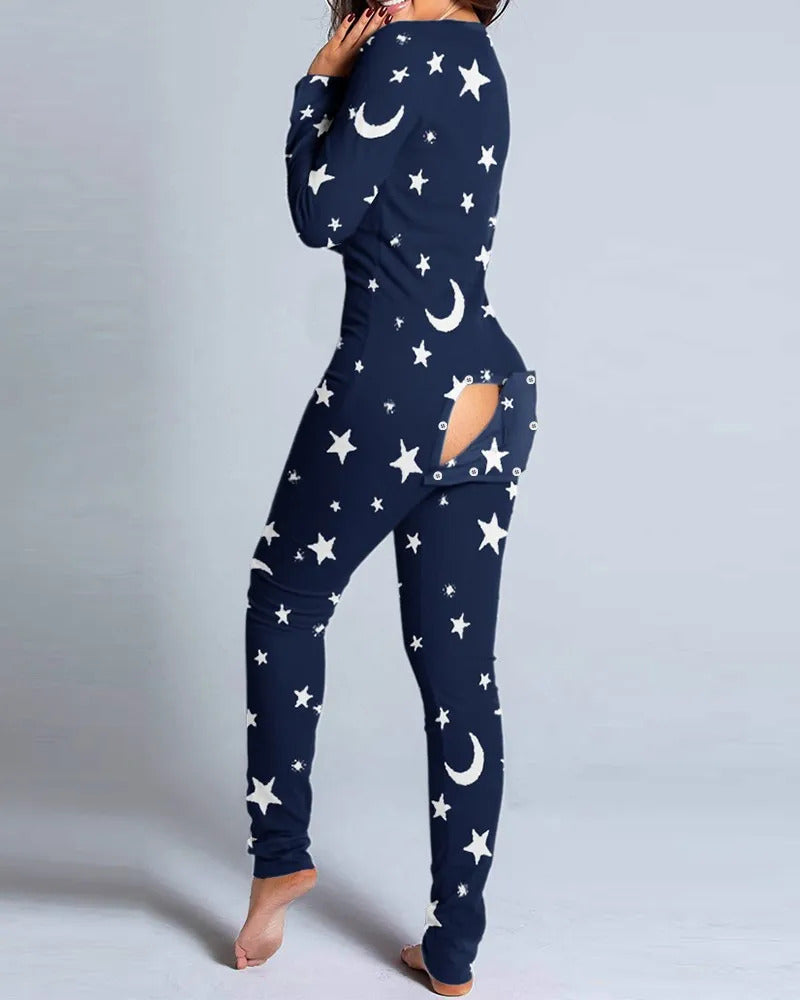 Sexy Pyjama Women's Jumpsuit Suit Button-down Front Back Butt Bum open Ass Flap Jumpsuit Loungewear Christmas Print Buttoned