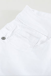 White Plain High Waist Buttons Frayed Cropped Denim Jeans