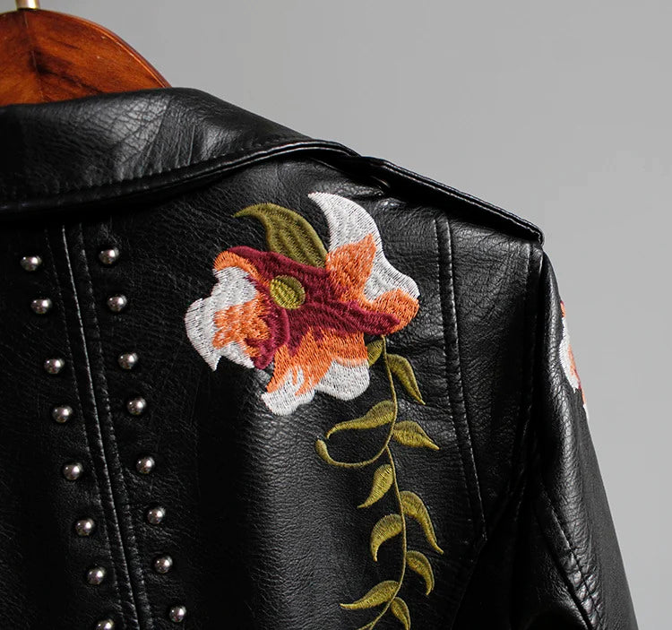 Ly Varey Lin Floral Print Embroidery Faux Soft Leather Jacket Women Pu Motorcycle Coat Female Black Punk Zipper Rivet Outerwear