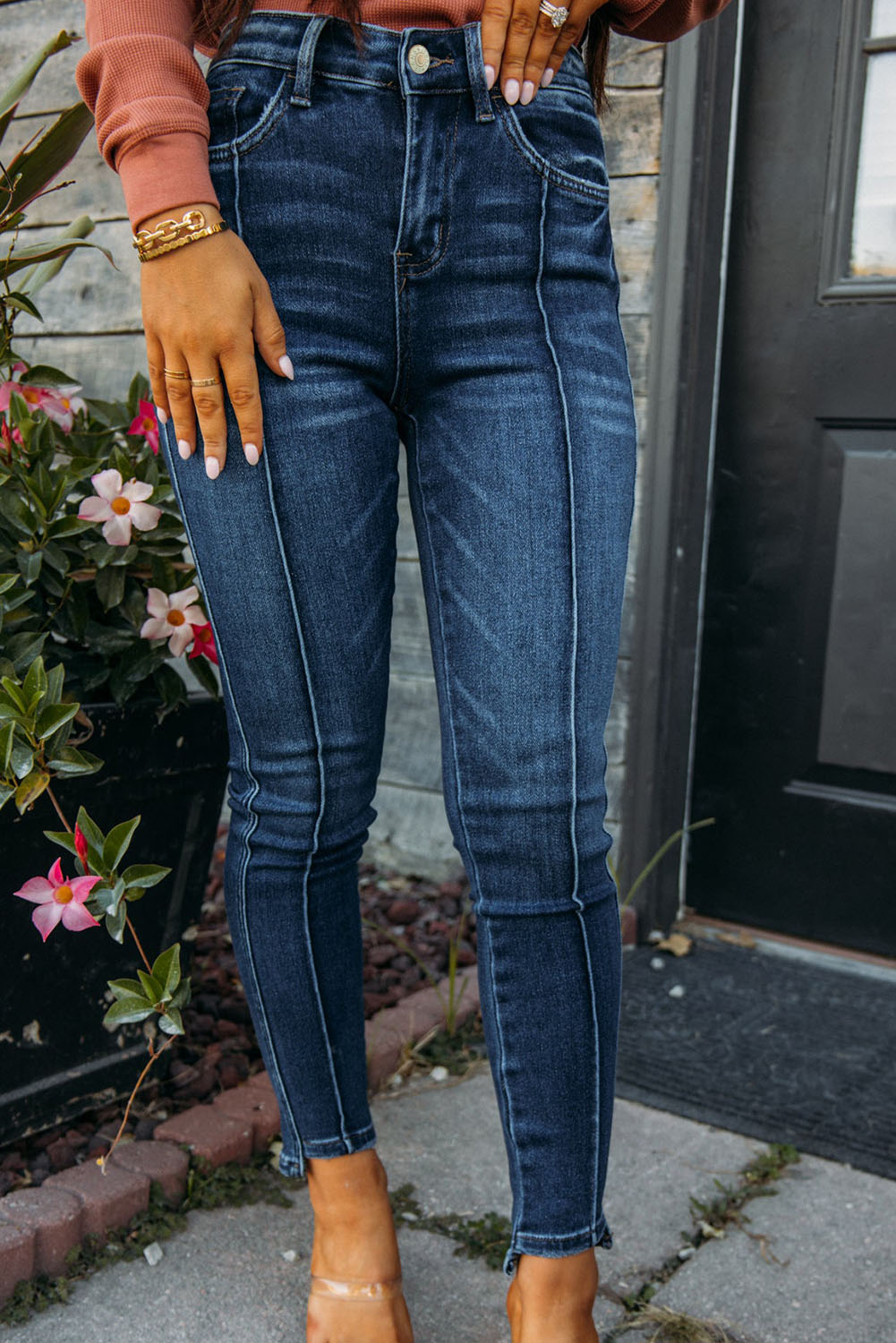 Blue Seamed High Waist Skinny Fit Jeans