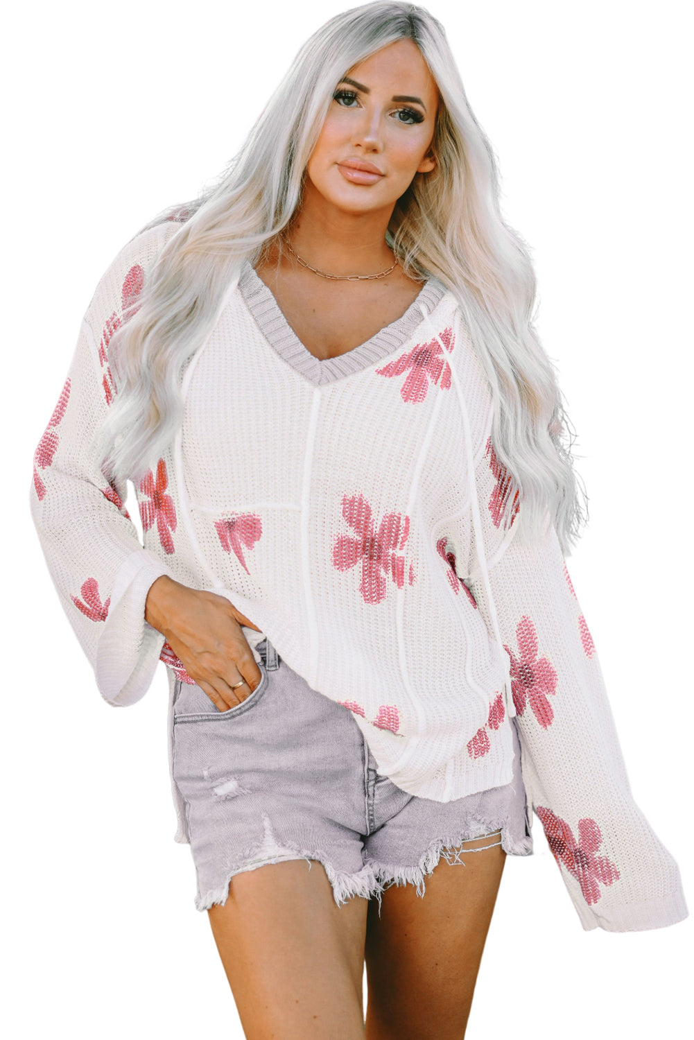 Floral Print Lightweight Knit Hooded Sweater