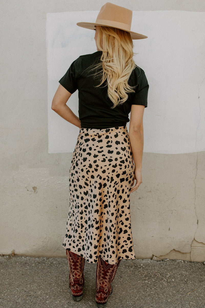 Khaki Leopard Spots Printed Split Hem Midi Skirt