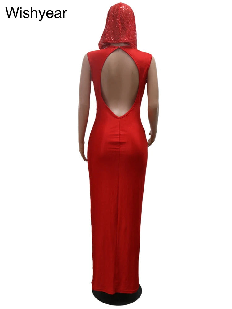 New Luxury Birthday Red Hooded Dress for Women Sexy Deep V Neck Sequins Glitter Mesh See Through Back Open Sparkly Evening Robe