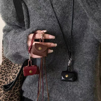 LATS Retro Cute Small Leather Bag Long Necklace for Women Fashion Sweater Chain Neck Hanging Jewelry Versatile Accessory Gift