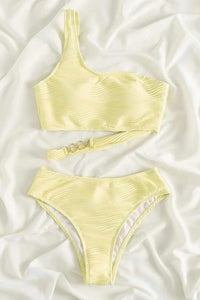 Yellow Cream Wavy Textured Asymmetrical One Shoulder Bikini