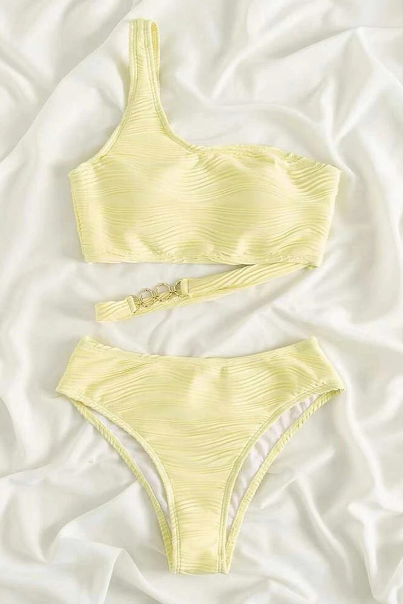 Yellow Cream Wavy Textured Asymmetrical One Shoulder Bikini