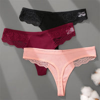 FINETOO 3Pcs Women's Cotton Underwear Lace Thongs Sexy Solid Color Low Waist Bikini Panties Ladies Breathable G-string Lingerie