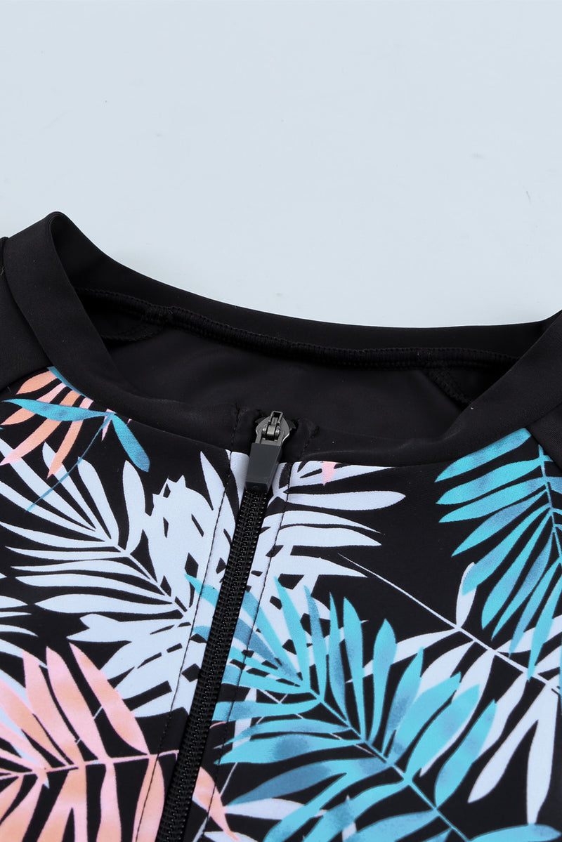 Leaves Print Zip-up Long Sleeve Surf Rash Guard Swimwear