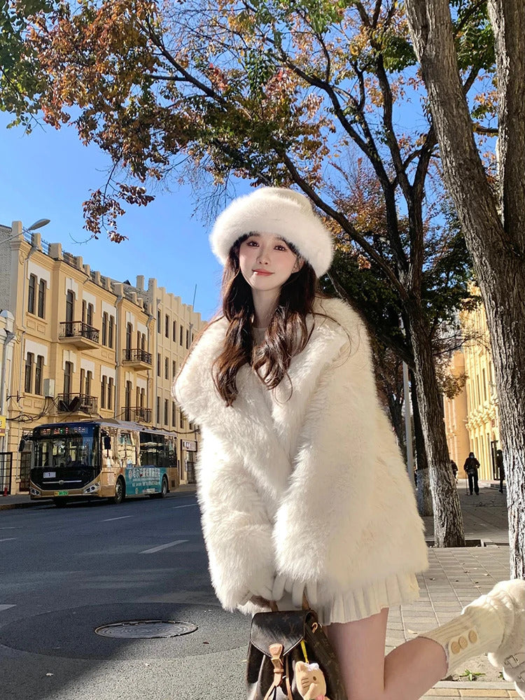 Lautaro Autumn Winter Oversized Loose Casual Luxury Soft Thick Warm Hairy Faux Fox Fur Coat Women Long Sleeve Fluffy Jacket 2024