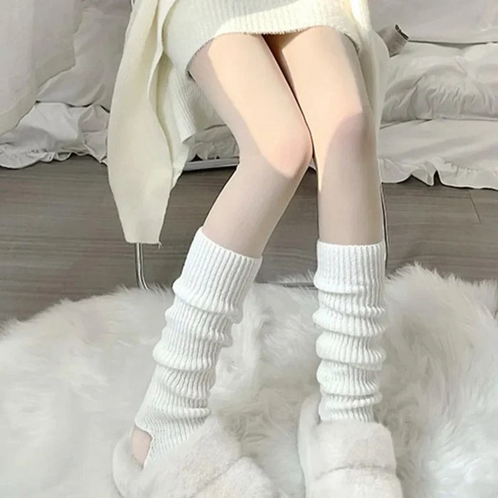 New Japanese Lolita Y2k Solid Color Leg Warmers Women Hollowed Out Foot Heel Warm Knitted Knee High Socks Legging Gaiters Cover