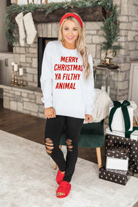 White Merry Christmas Ya Filthy Animal Graphic Sweatshirt