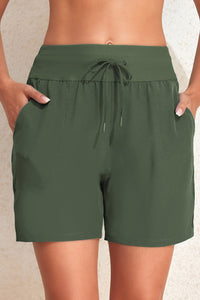 Green Solid Pocketed Drawstring High Waist Swim Bottom