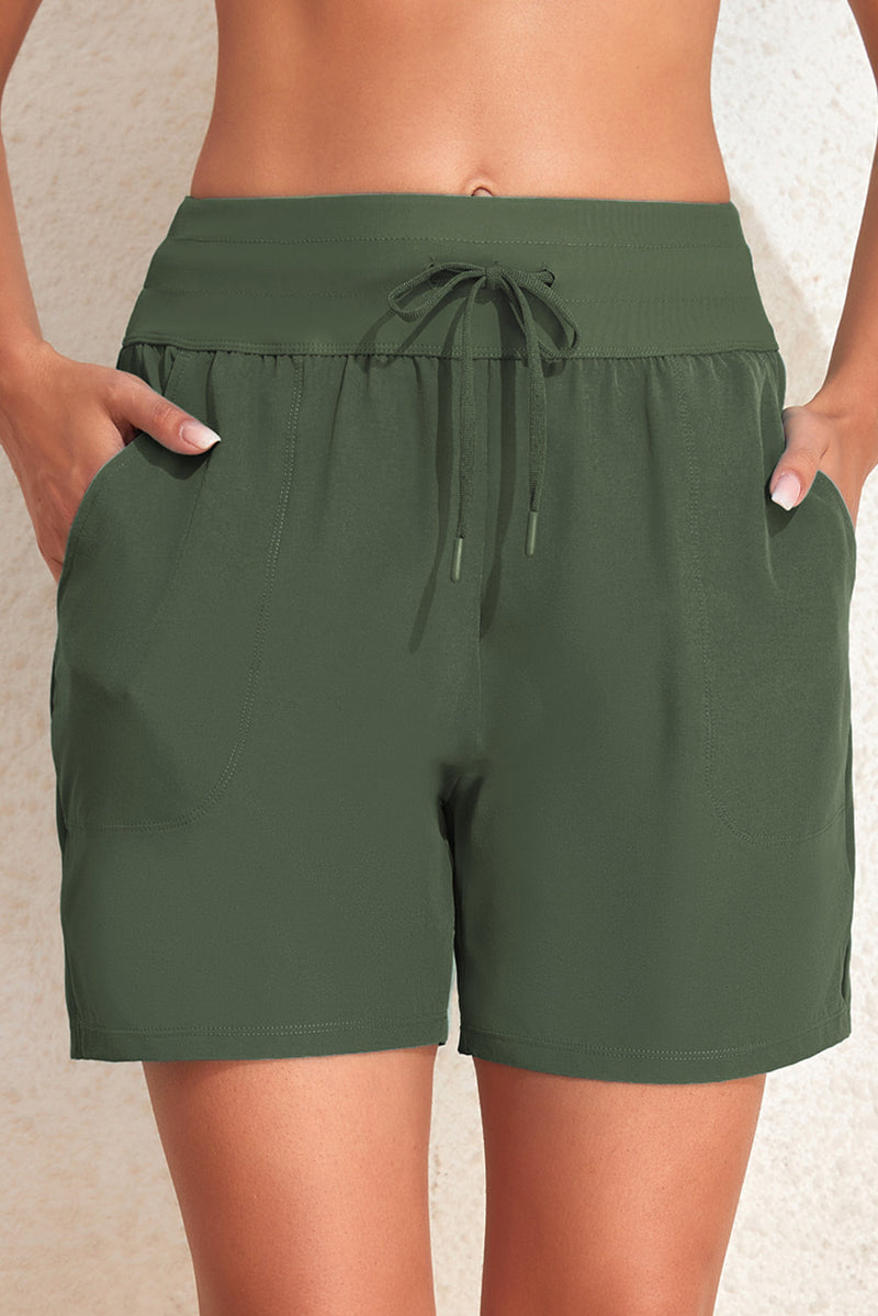 Green Solid Pocketed Drawstring High Waist Swim Bottom