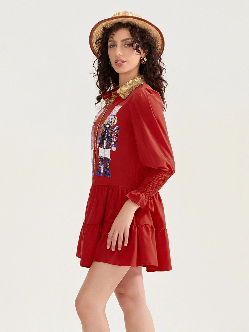 Women Sequin Christmas Nutcracker Shirt Dress Holiday Party Santa Sweatshirt Dresses Long Sleeve Tiered Mini Sundress for Prom