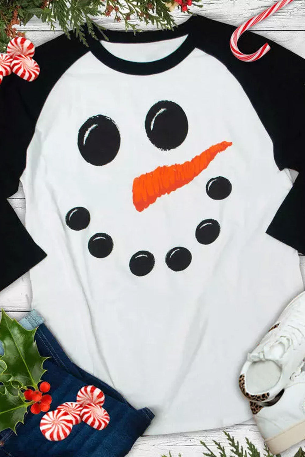 Black Christmas Snowman Face Print Color Block Top