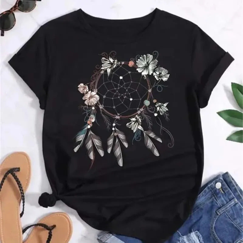 Feather Dreamcatcher Women Fashion T Shirt Harajuku Graphic Tees Shirt Femme Dream Catcher Women's T-shirt Clothes Tops