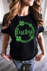 Black St Patrick Sequin Lucky Clover Print Short Sleeve T-shirt