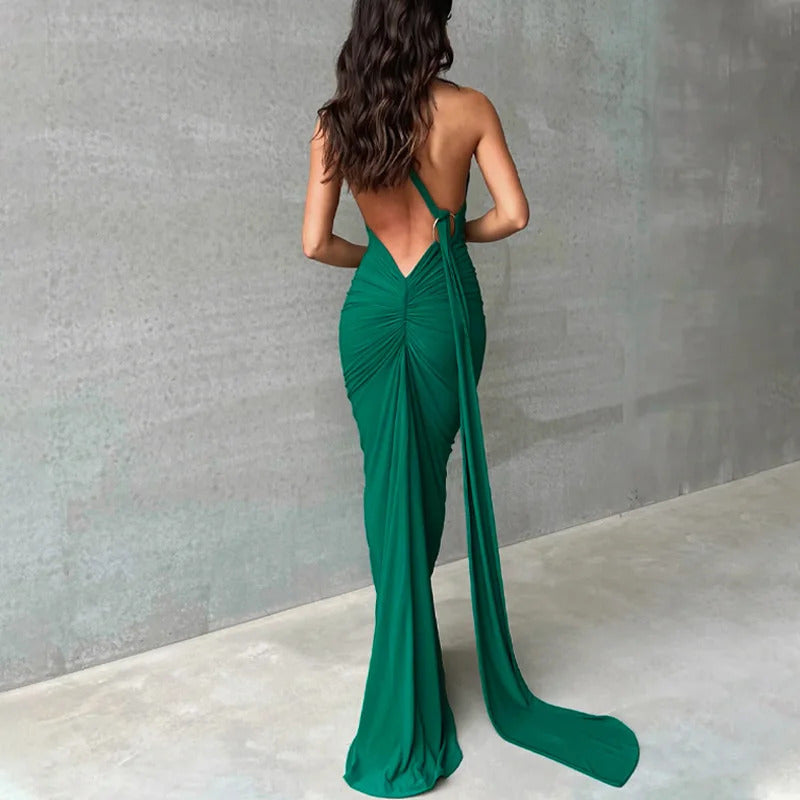 Mozision Oblique Shoulder Backless Maxi Dress For Women Gown Summer Back Strap Sleeveless Ruched Party Sexy Long Dress Vestidos