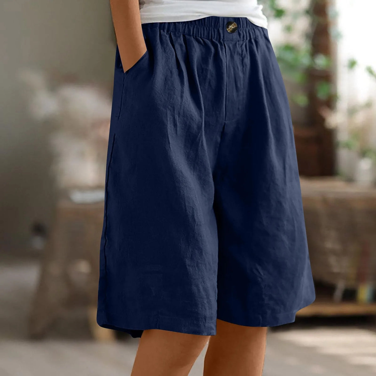 Women's Fashion Solid Color Pants Pocket Button Up Capris Loose Elastic Waist Cotton Linen Shorts