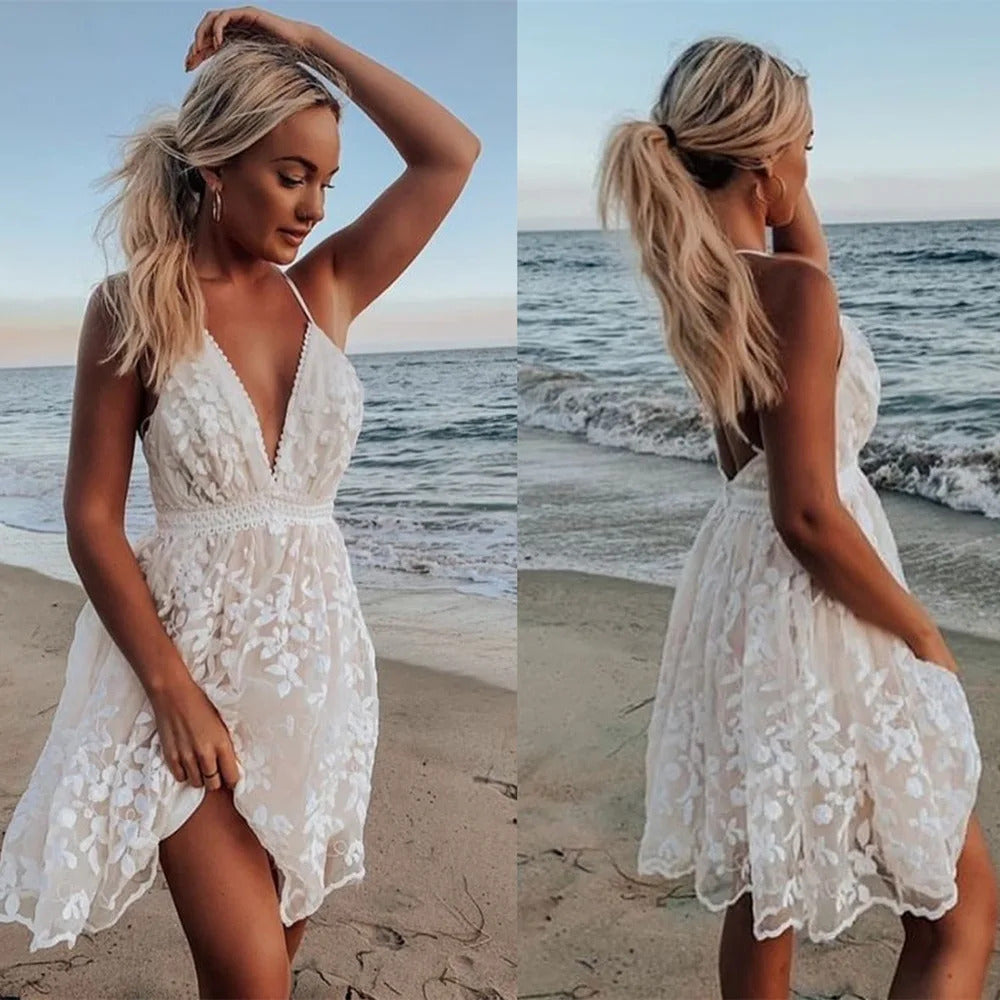 Fashion Sexy Spaghetti Strap White Dress Woman Summer Embroidery Mesh Lace Backless Beach Dress For Women New Casual Mini Dress