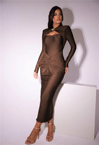 Mozision Hollow Out Long Sleeve Sexy Maxi Dress For Women Gown Autumn Winter New Metal Buckle Ruched Slit Long Dress Elegant