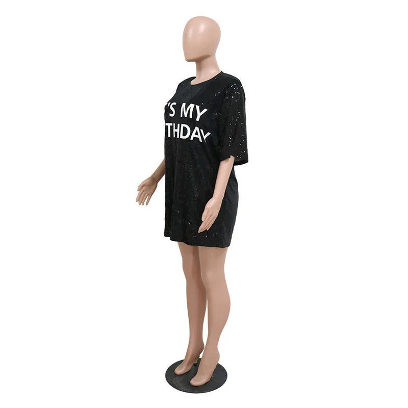 Summer Women 2023 Casual It's My Birthday Letter Print Glitter Sequins Party Dress Half Sleeve Loose O Neck T Shirt Dress Black