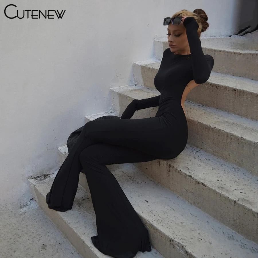 Cutenew Solid Black Sexy Backless Bodycon Wide Leg Jumpsuit Women Autumn Casual Slim Long Sleeve O-Neck Playsuit Lady Streetwear