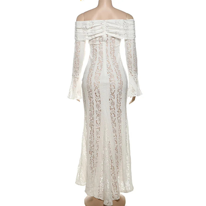 White Floral Lace Off-shoulder Maxi Dress For Women Elegant Strapless Backless Long Sleeve Bodycon Robes 2024 Lady Party Dresses