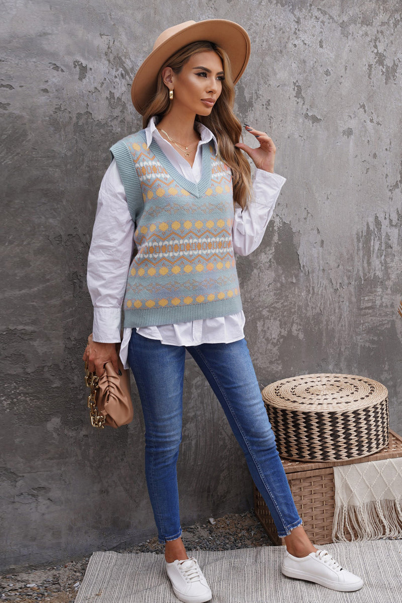 Sky Blue Tribal Print V Neck Knitted Sweater Vest