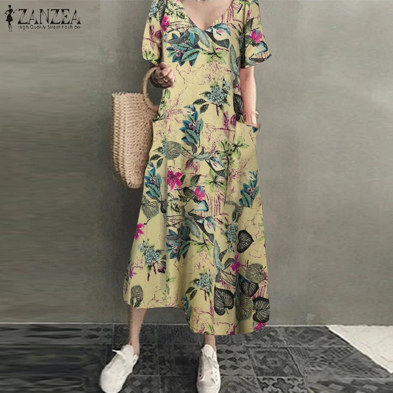 ZANZEA 2023 Women Long Maxi Summer Dress Casual Cotton Linen  Ladies Big Pockets Beach Party Robe Femme Vestidos