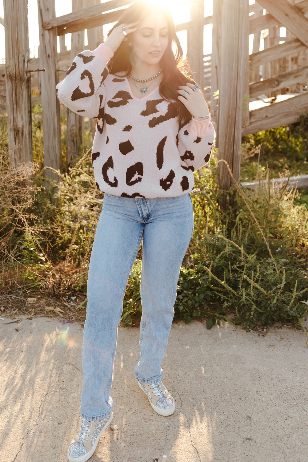 Contrast Trimmed V Neck Leopard Sweater