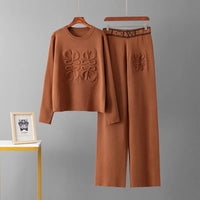 Letter Print Indentation Round Neck Long Sleeved Knitted Sweater Pullover Casual Wide Leg Pants Two-piece Set Women's Pants Set