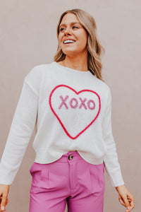 White Heart XOXO Pattern Drop Shoulder Rib Knit Sweater