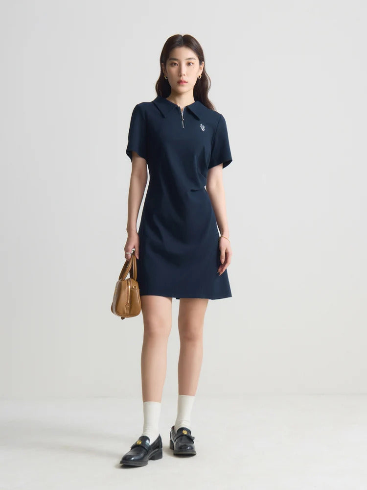 DUSHU Polo Dress Cotton Summer Long Women T Shirt Dress A-LINE Skirts Pleated Design Knee-Length Dress 24DS82109+24DS82316