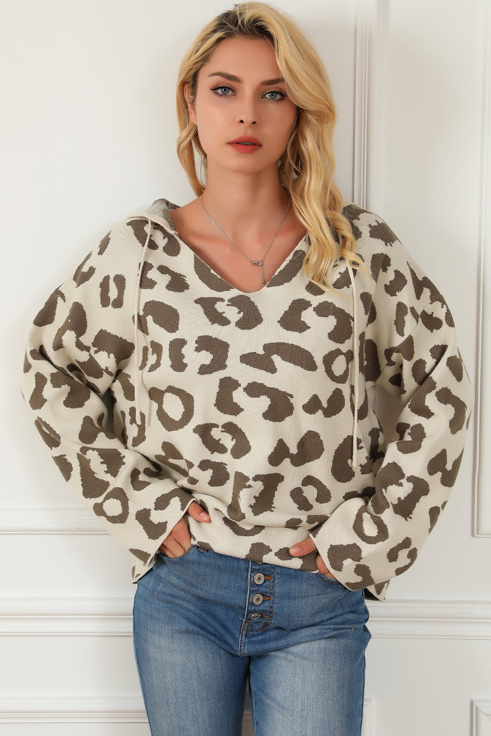 Leopard Drawstring Hooded Pullover Sweater