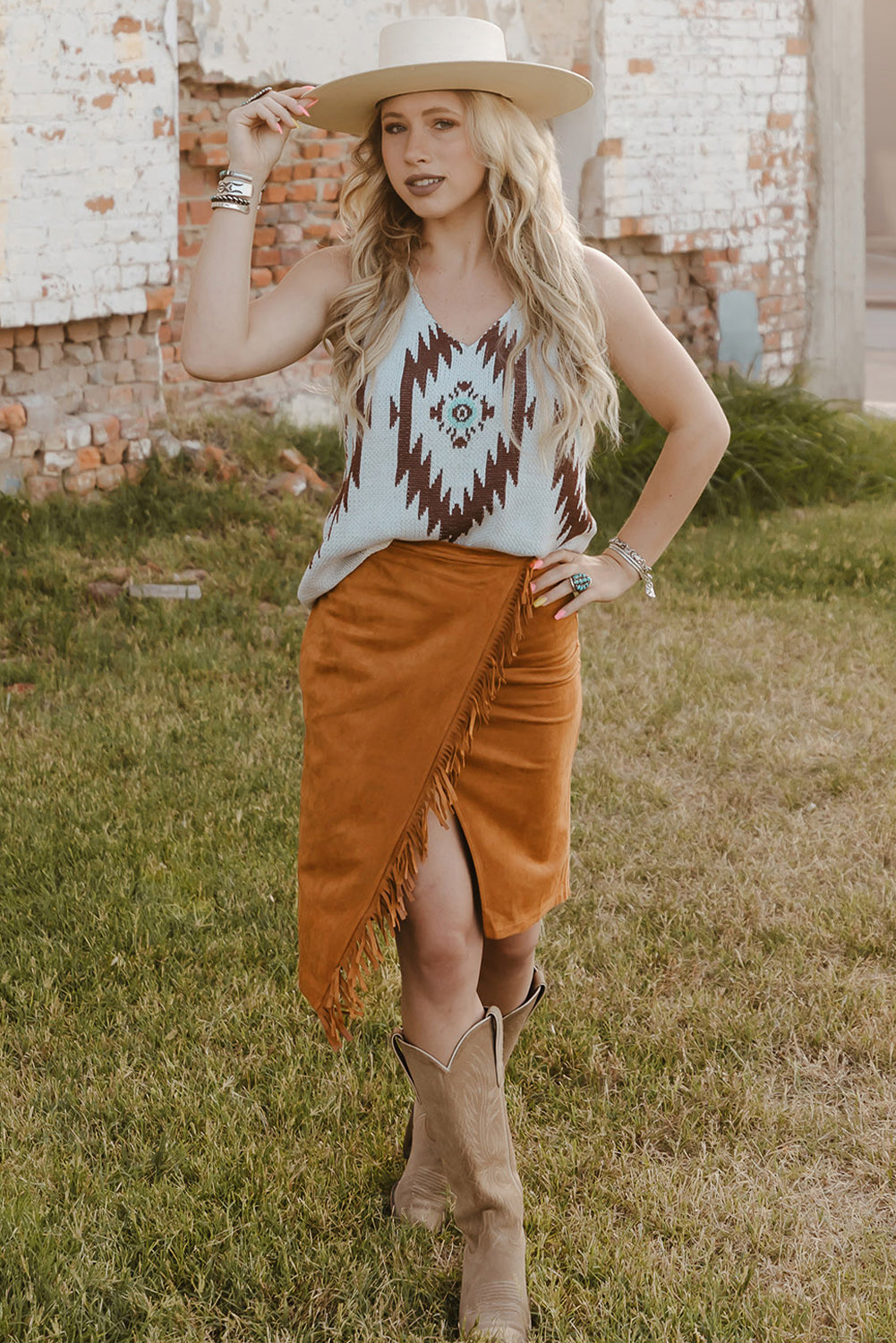 Brown Fringed Wrap Western Midi Skirt