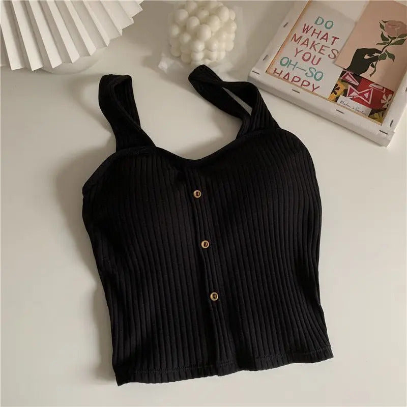 Women's Cropped Tops with Bra Pads Summer Corset Korean Suspenders Vest Sexy Camisole Slim