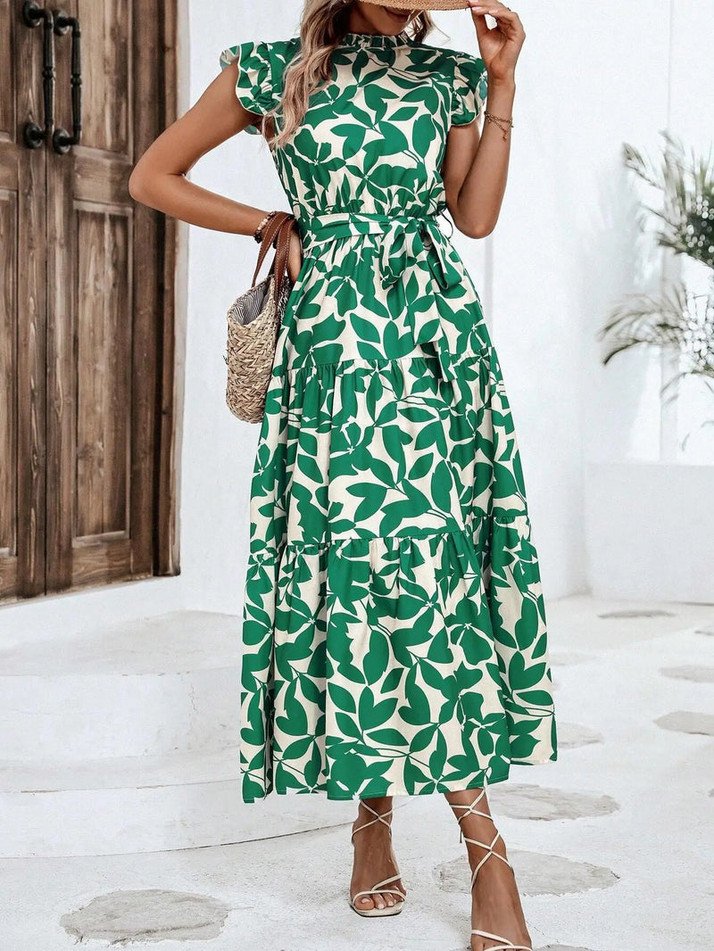 Elegant Women's Flower Midi Dress New Summer Fashion Stand Collar Flying Sleevel Lace Up Dress Casual Beach Holiday Dresses Robe