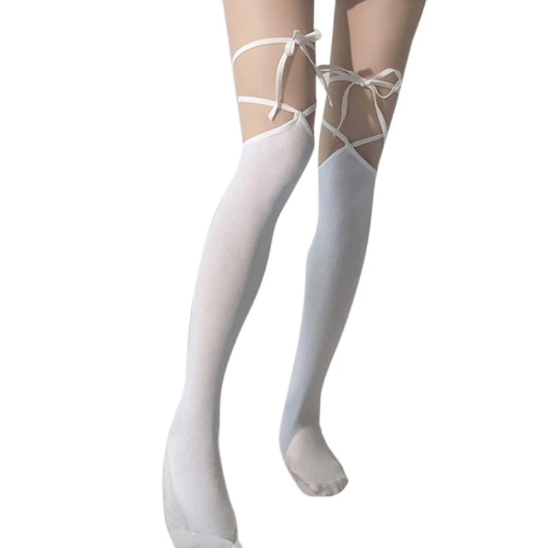 Women Lolita Fishnet Thigh High Socks Japanese Style Heart Striped Lace Patterned Over Knee Long Stockings Ruffled Frilly Kawaii