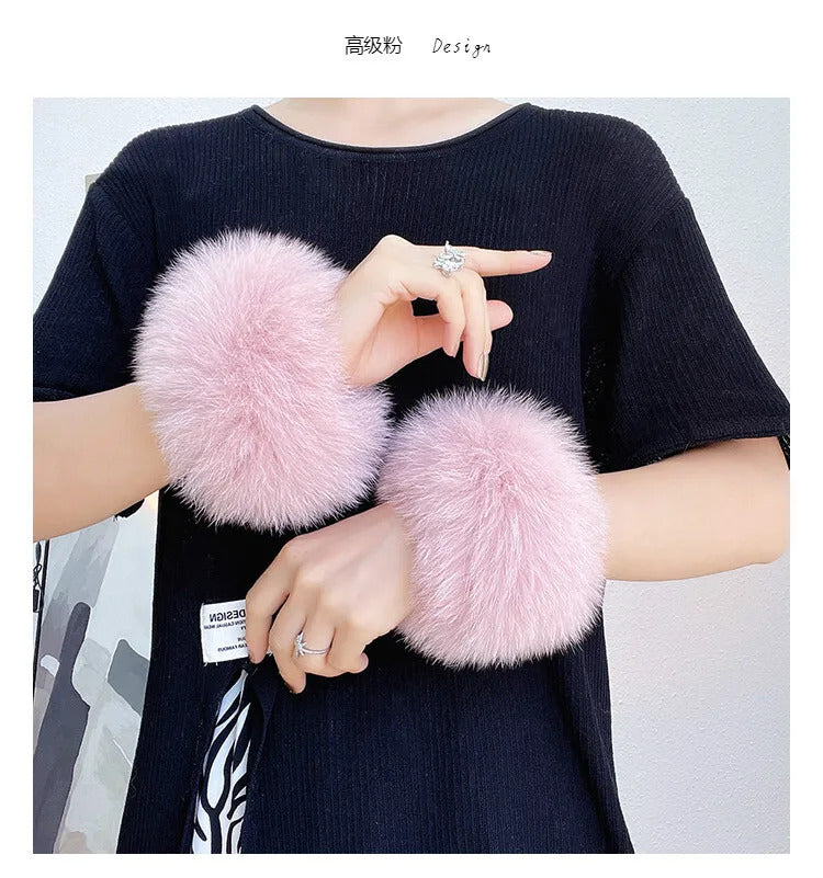 Natural Fox Fur Cuffs Wrist Arm Warmer Women Jacket Coat Sleeve Fur Triming Ladies Bracelet Real Fur Wristand Glove Snap Ring