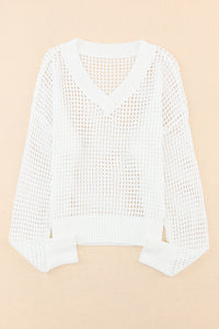 White Hollow Out Knitted Loose Fit V Neck Sweater