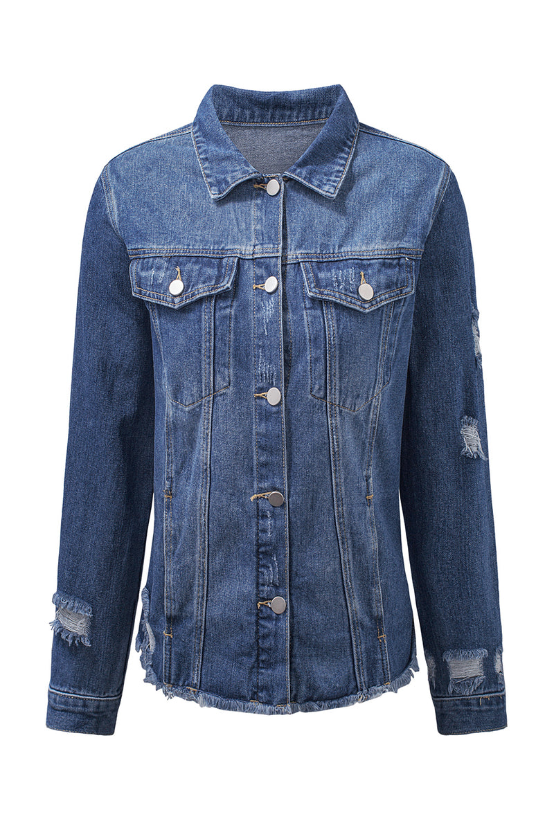 Blue Lapel Distressed Raw Hem Buttons Denim Jacket