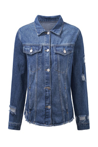 Blank Apparel - Blue Lapel Distressed Raw Hem Buttons Denim Jacket