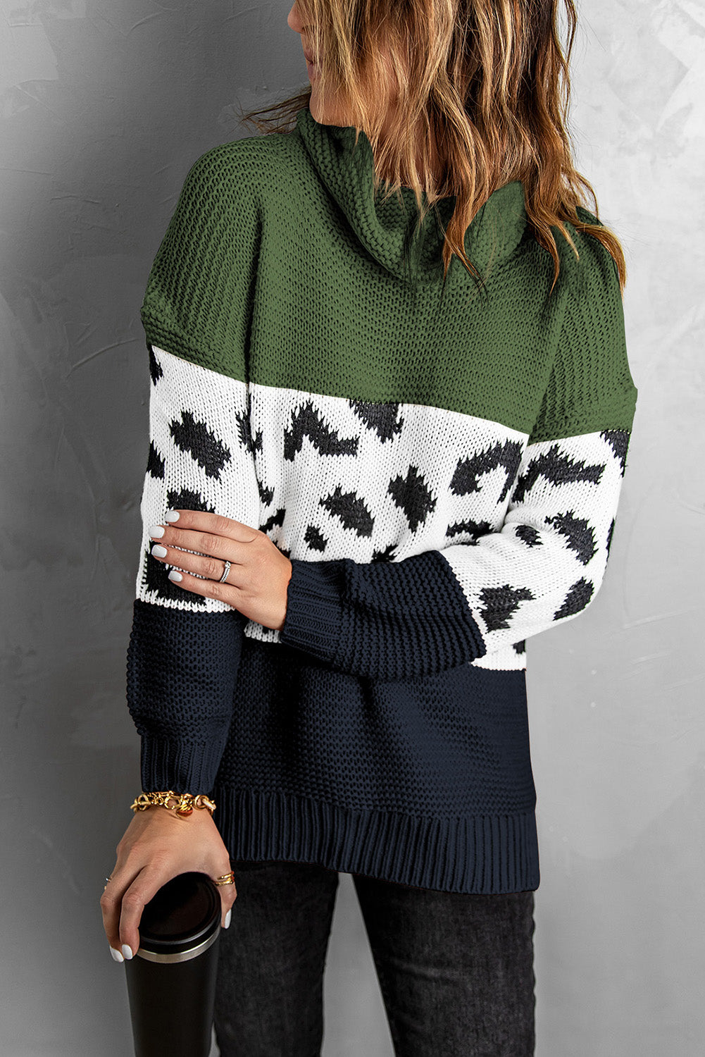 Green Turtleneck Splicing Chunky Knit Pullover Sweater